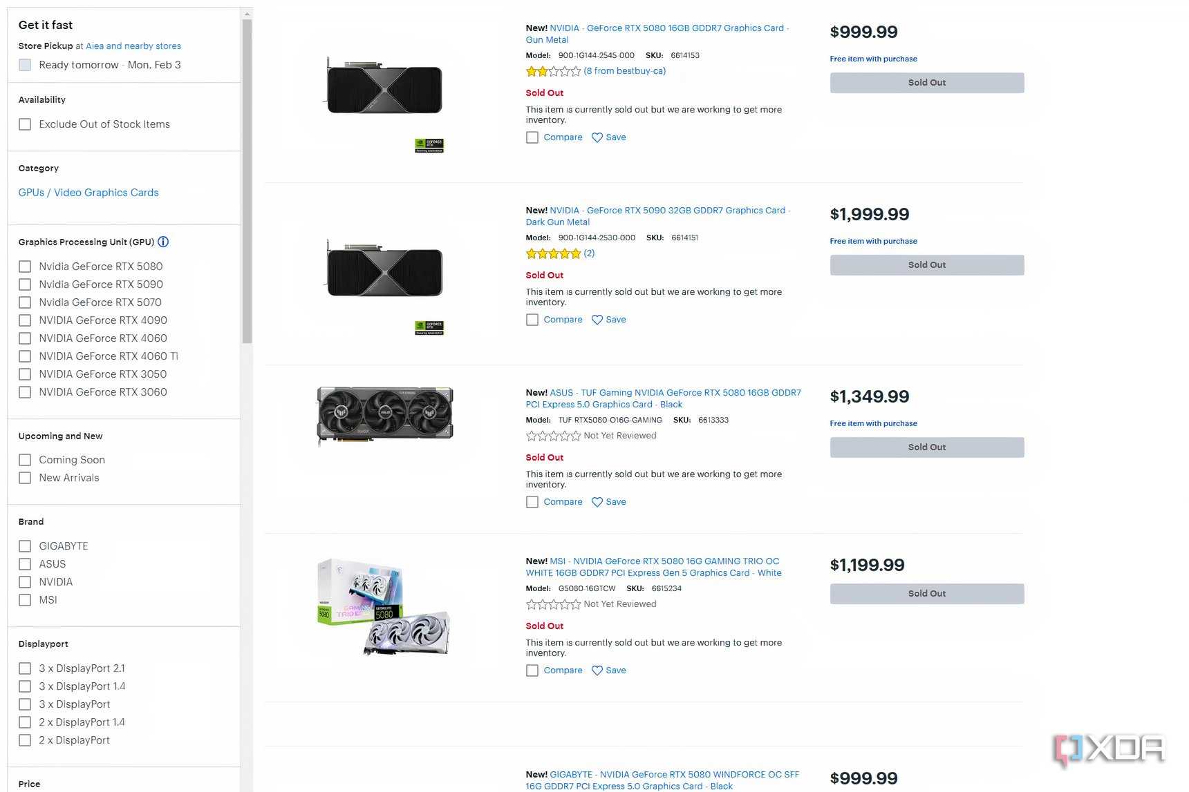 RTX 50 series listings on BestBuy