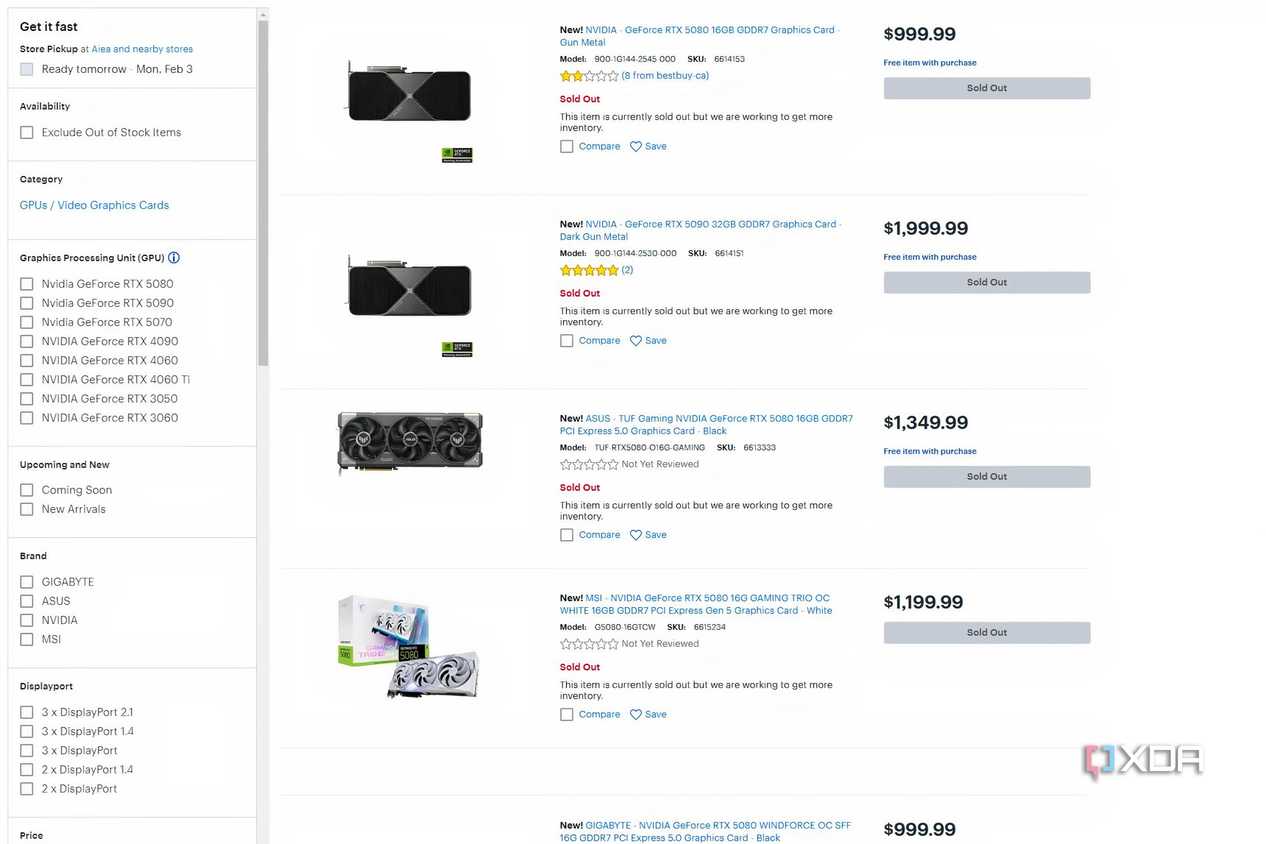 RTX 50 series listings on BestBuy