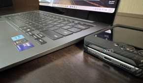 samsung galaxy book 5 pro with galaxy z flip 5 next to it