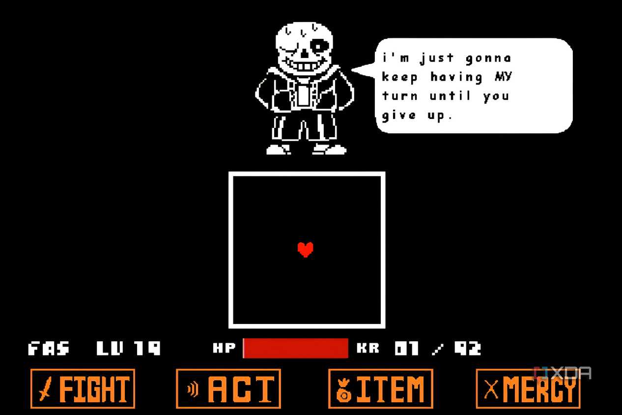An image from the game Undertale, showing a skeleton in a hoodie, Sans, talk to you as you fight him.
