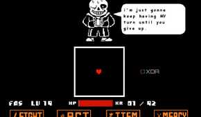 An image from the game Undertale, showing a skeleton in a hoodie, Sans, talk to you as you fight him.