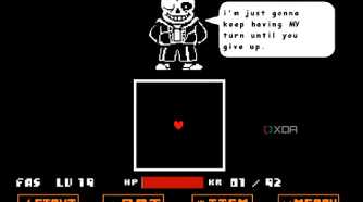 An image from the game Undertale, showing a skeleton in a hoodie, Sans, talk to you as you fight him.