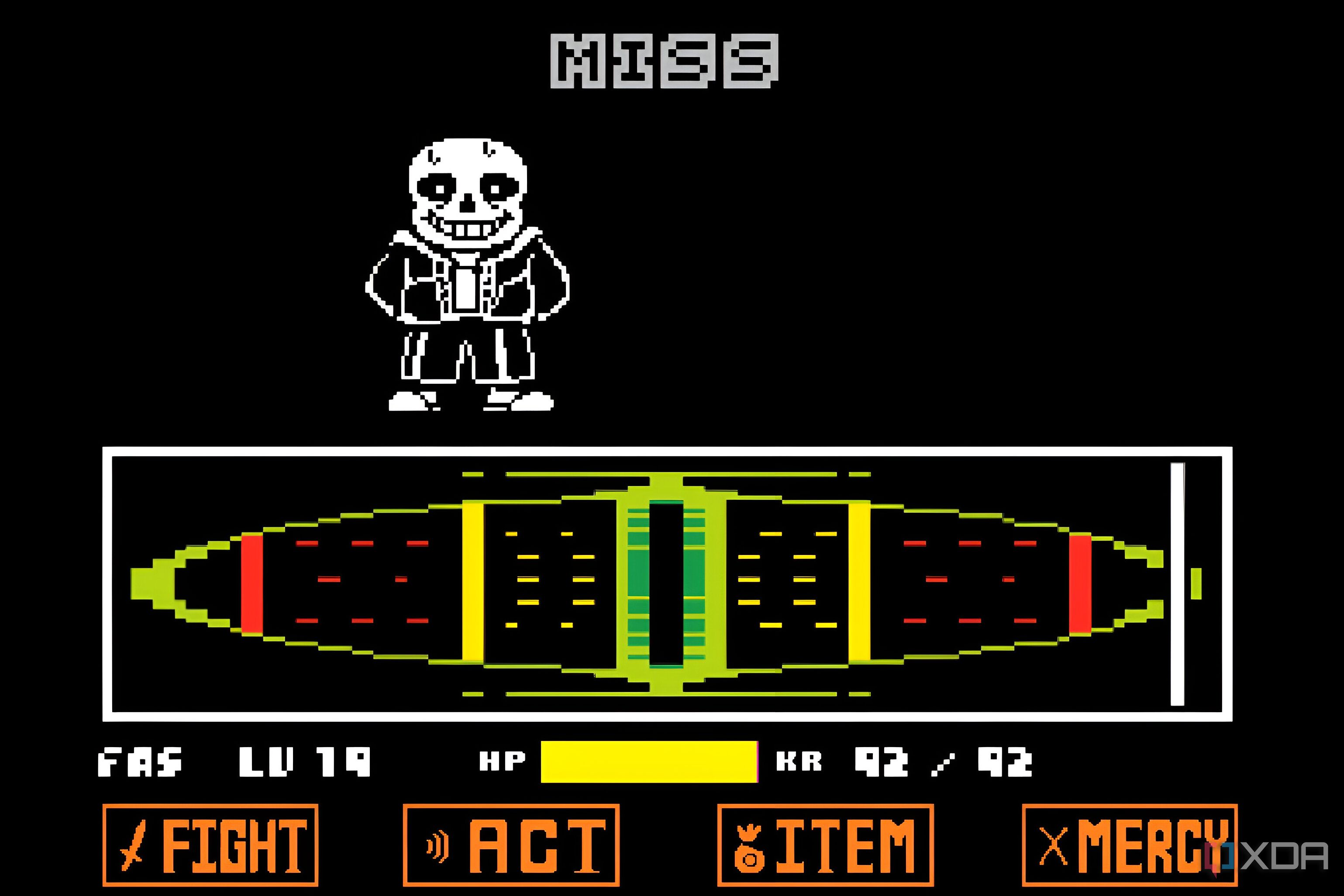 An image from the game Undertale, showing the boss fight with Sans the Skeleton, where he deliberately makes you miss an attack move.