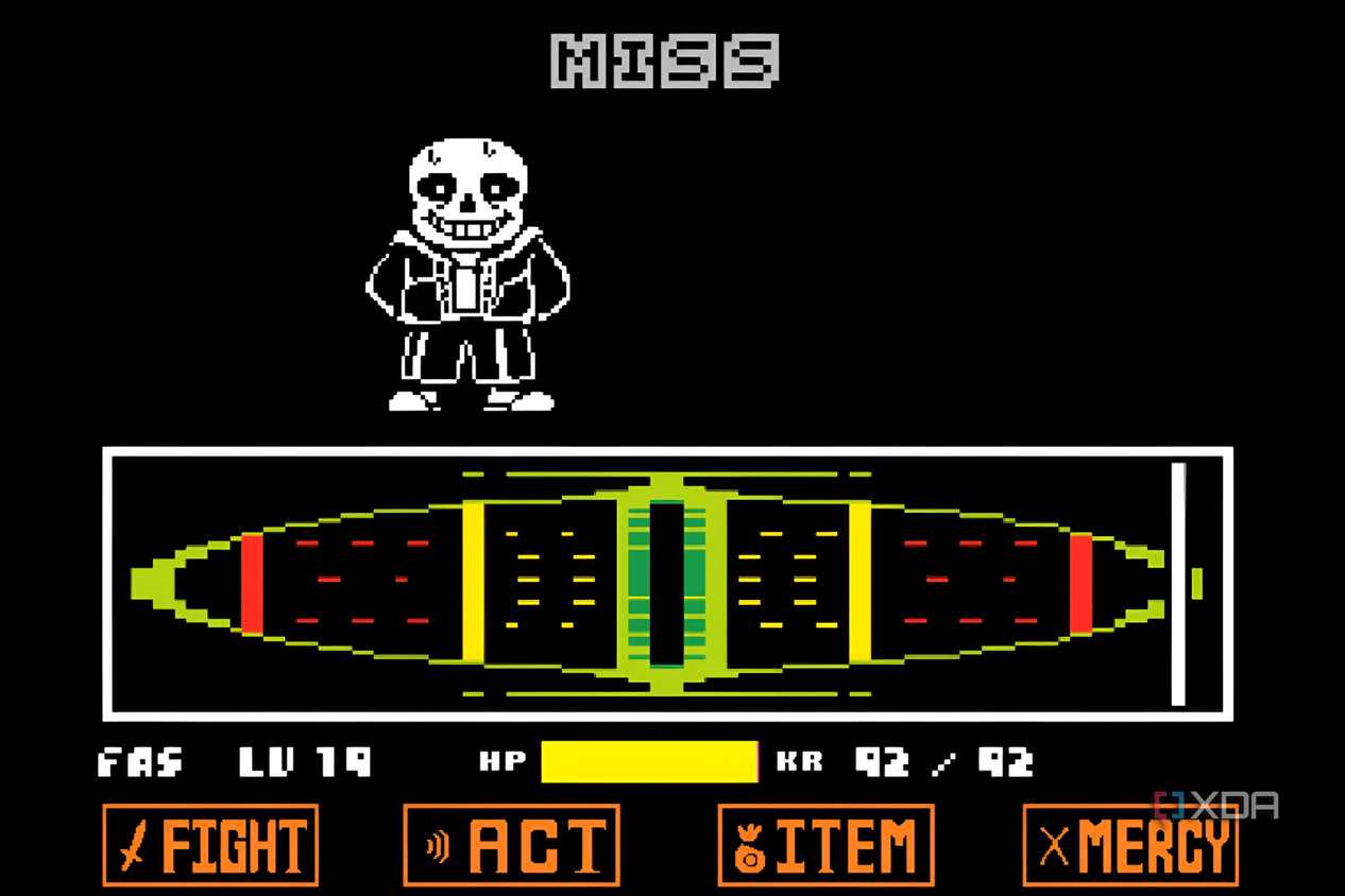 An image from the game Undertale, showing the boss fight with Sans the Skeleton, where he deliberately makes you miss an attack move.