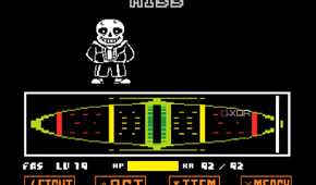 An image from the game Undertale, showing the boss fight with Sans the Skeleton, where he deliberately makes you miss an attack move.