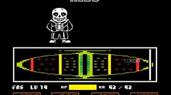 An image from the game Undertale, showing the boss fight with Sans the Skeleton, where he deliberately makes you miss an attack move.