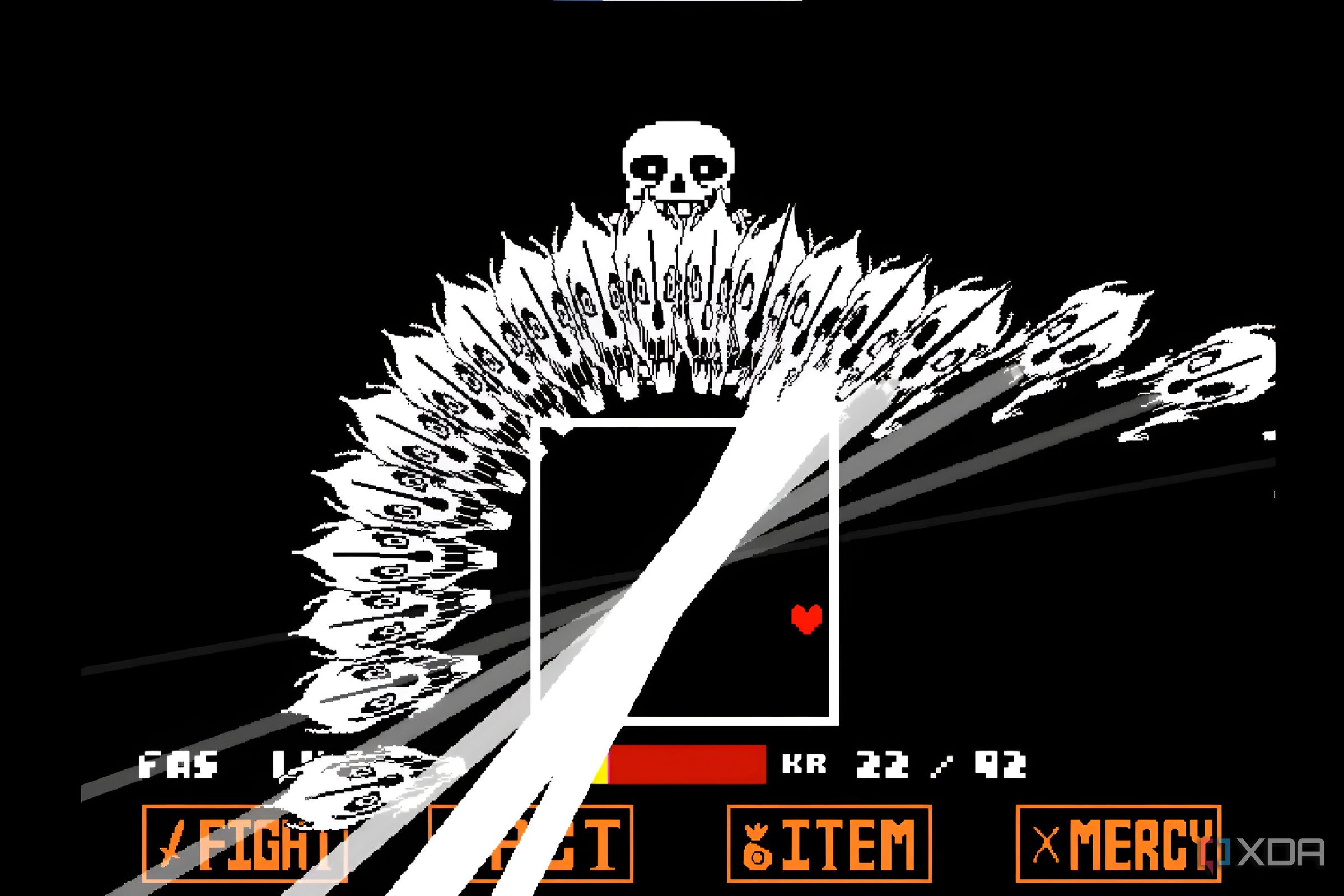 An image from the game Undertale, showing Sans make an aggressive move in the boss fight.