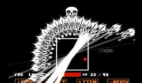 An image from the game Undertale, showing Sans make an aggressive move in the boss fight.