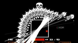 An image from the game Undertale, showing Sans make an aggressive move in the boss fight.