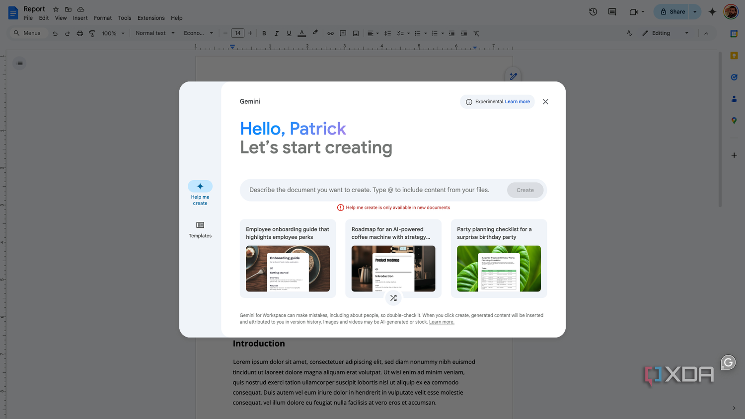 A screenshot of Google Doc's Gemini features.