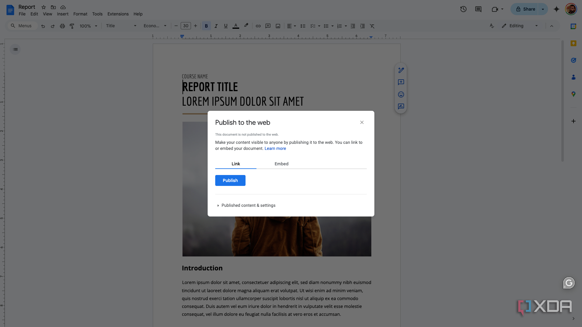 A screenshot of the Google Doc publishing options.