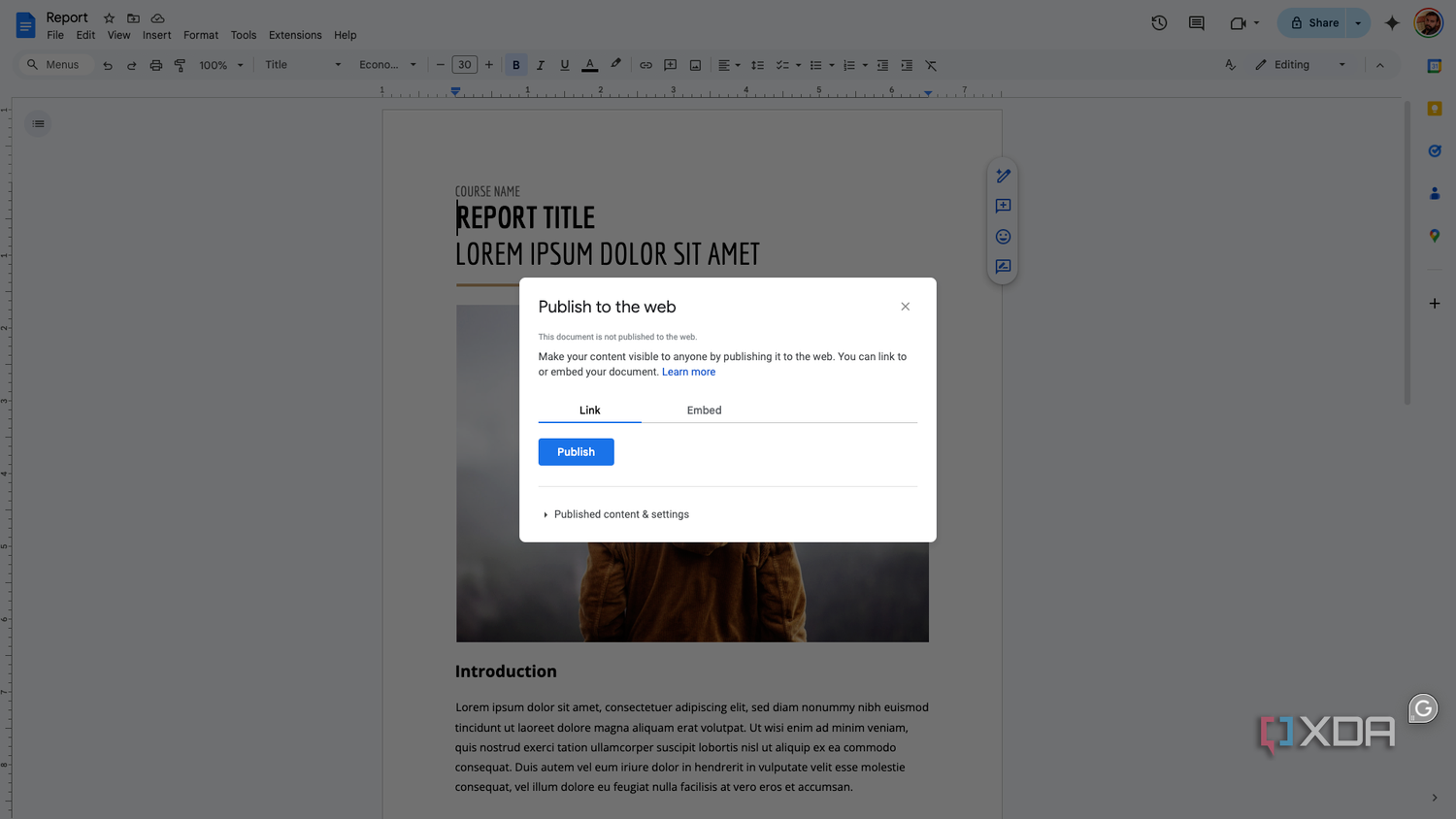 A screenshot of the Google Doc publishing options.