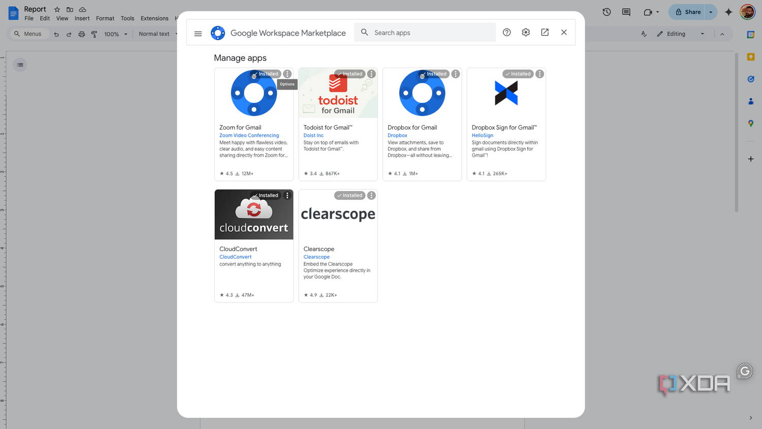 A screenshot of various Google Doc add-ons.