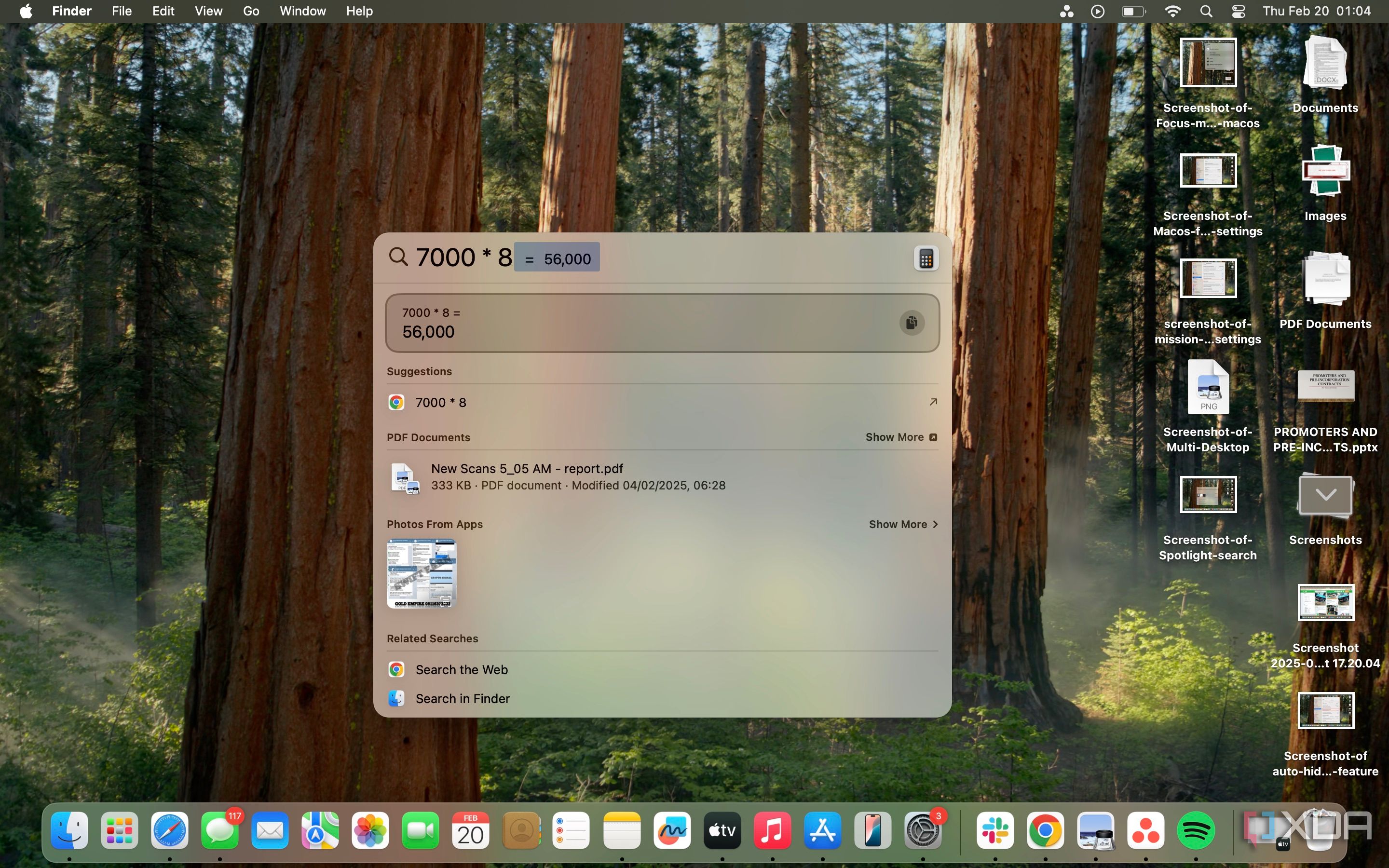 Screenshot of Spotlight search doing math