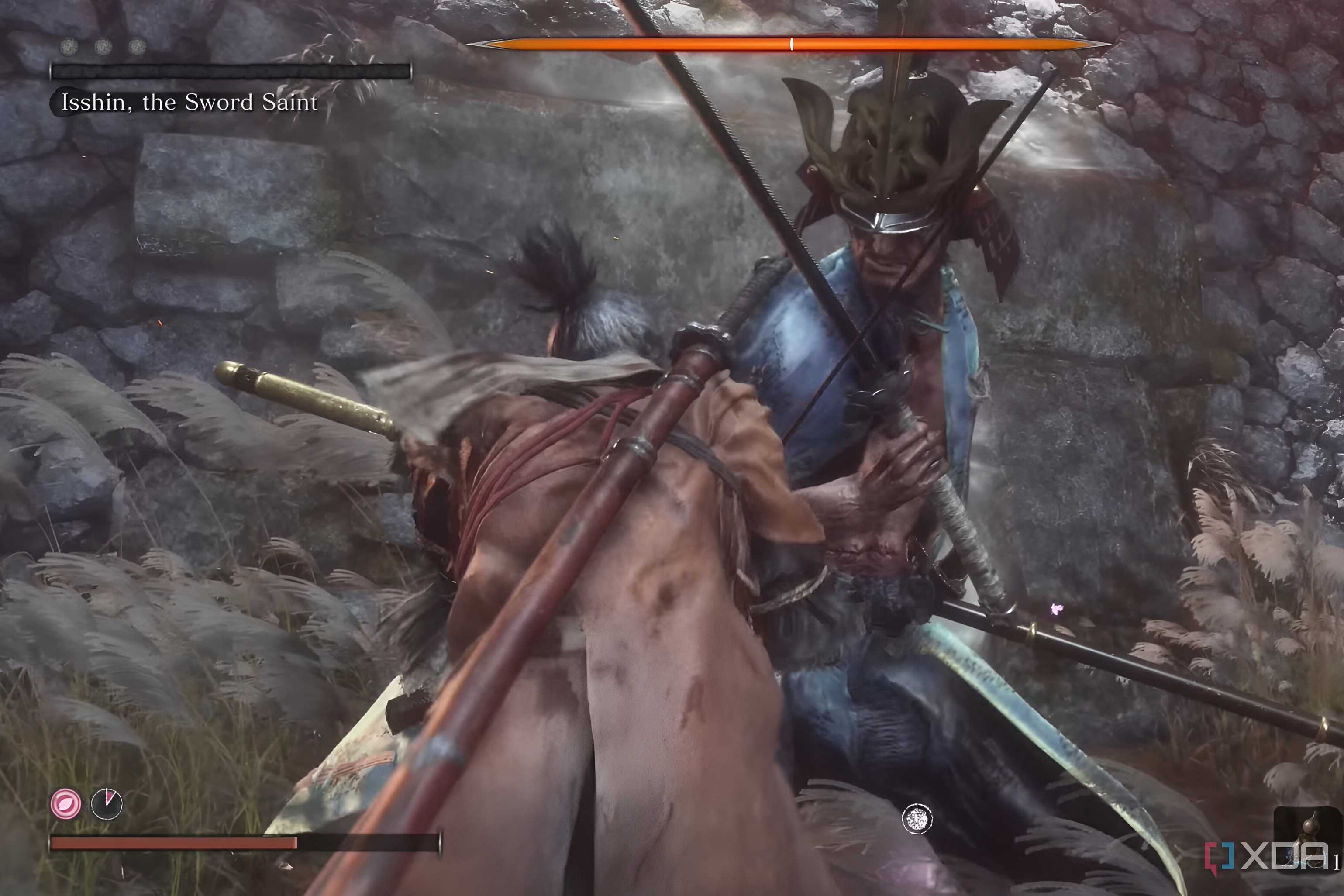 An image from the game Sekiro: Shadows Die Twice, showing Sekiro and Isshin cross blades in a field.