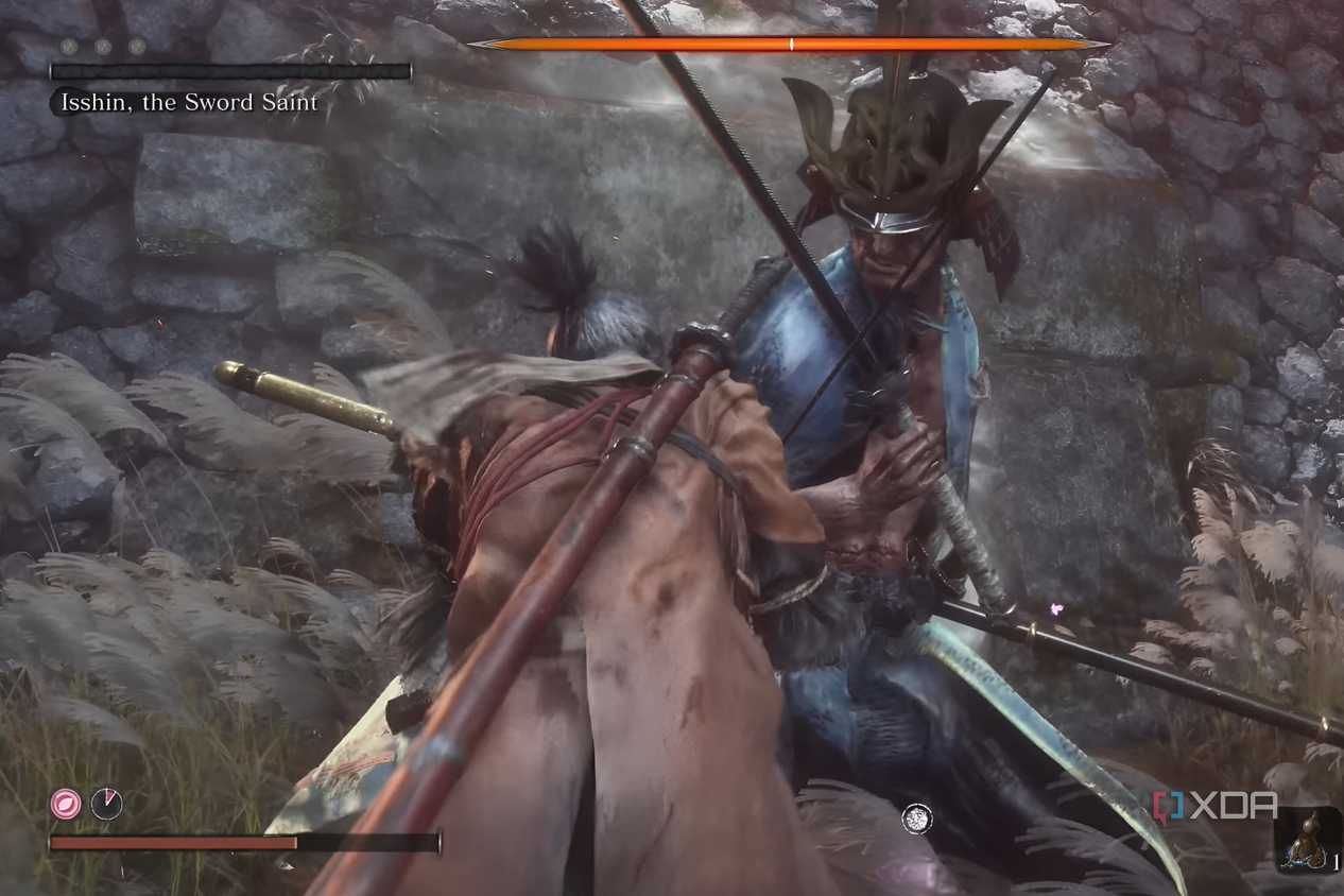 An image from the game Sekiro: Shadows Die Twice, showing Sekiro and Isshin cross blades in a field.
