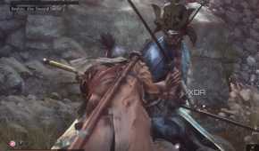 An image from the game Sekiro: Shadows Die Twice, showing Sekiro and Isshin cross blades in a field.