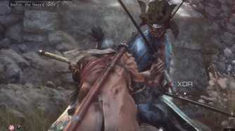 An image from the game Sekiro: Shadows Die Twice, showing Sekiro and Isshin cross blades in a field.