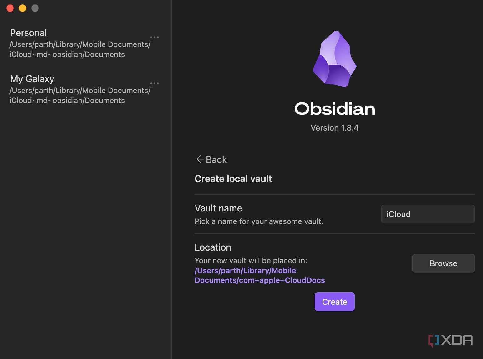 obsidian with an icloud folder selected