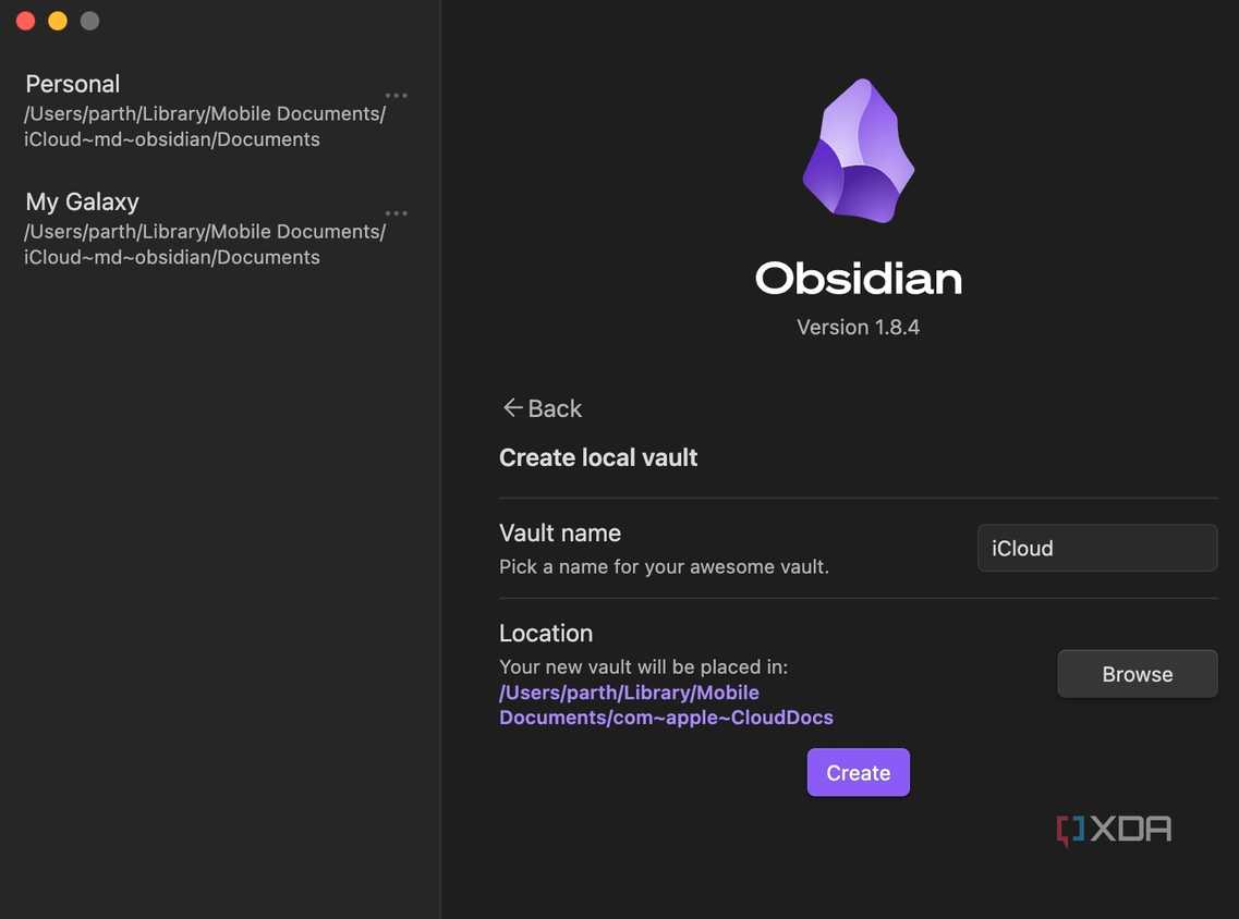 obsidian with an icloud folder selected