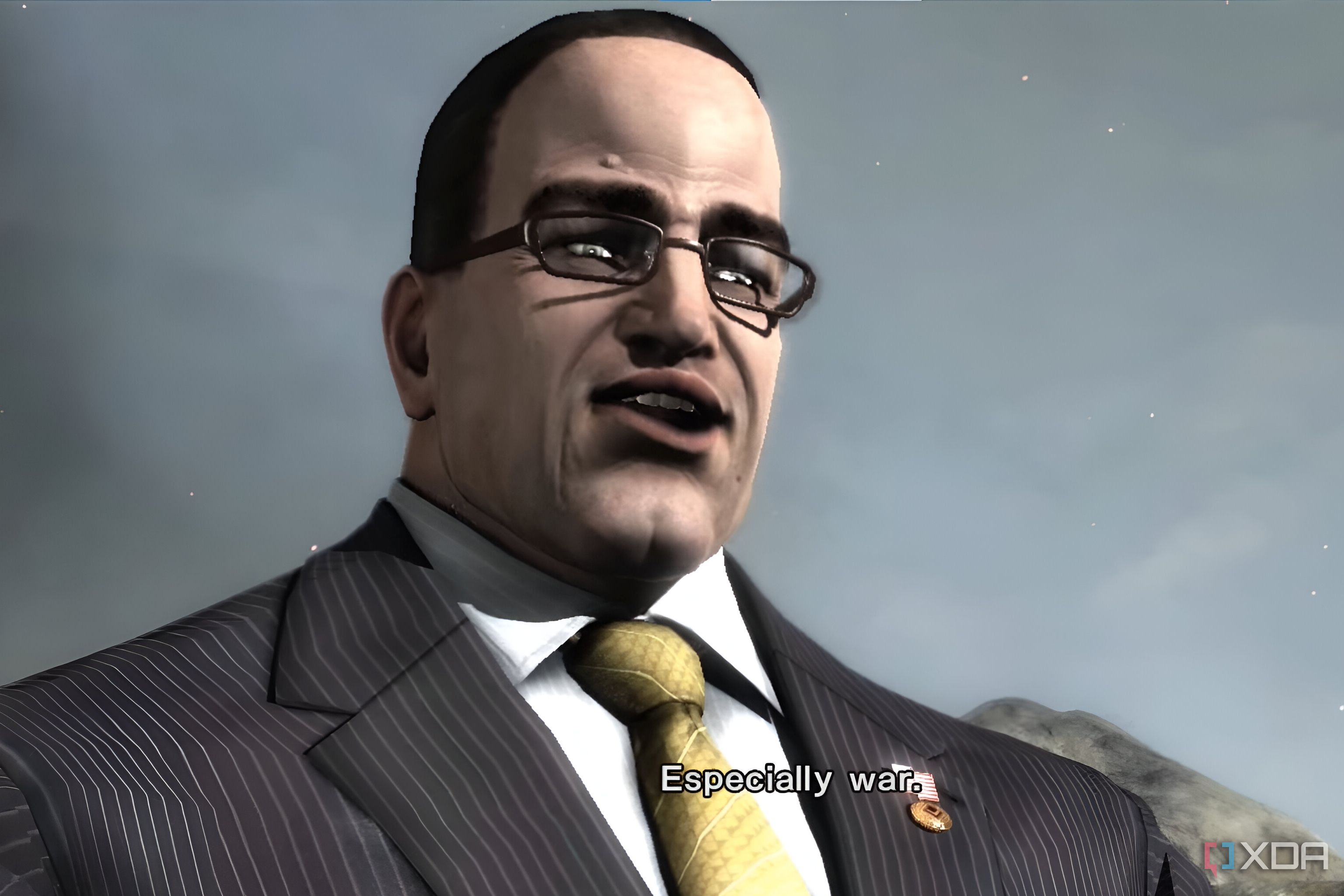An image from the game Metal Gear Rising Revengeance, showing Senator Armstrong, a man wearing spectacles and a suit with a yellow tie.