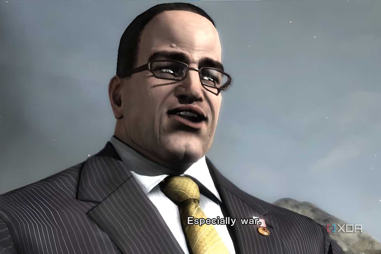 An image from the game Metal Gear Rising Revengeance, showing Senator Armstrong, a man wearing spectacles and a suit with a yellow tie.