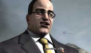 An image from the game Metal Gear Rising Revengeance, showing Senator Armstrong, a man wearing spectacles and a suit with a yellow tie.