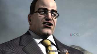 An image from the game Metal Gear Rising Revengeance, showing Senator Armstrong, a man wearing spectacles and a suit with a yellow tie.