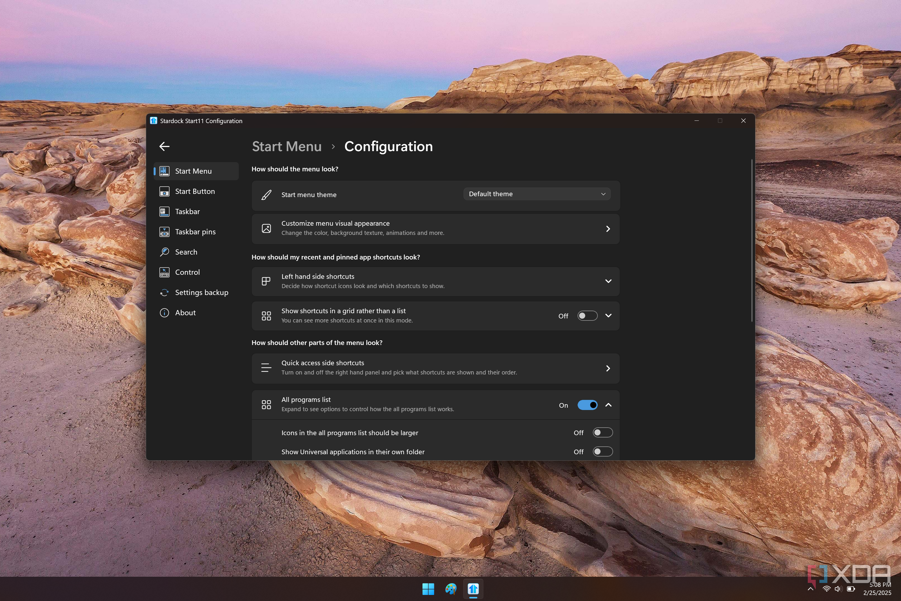Screenshot of Start11 Start menu configurations for the Windows 7 style menu