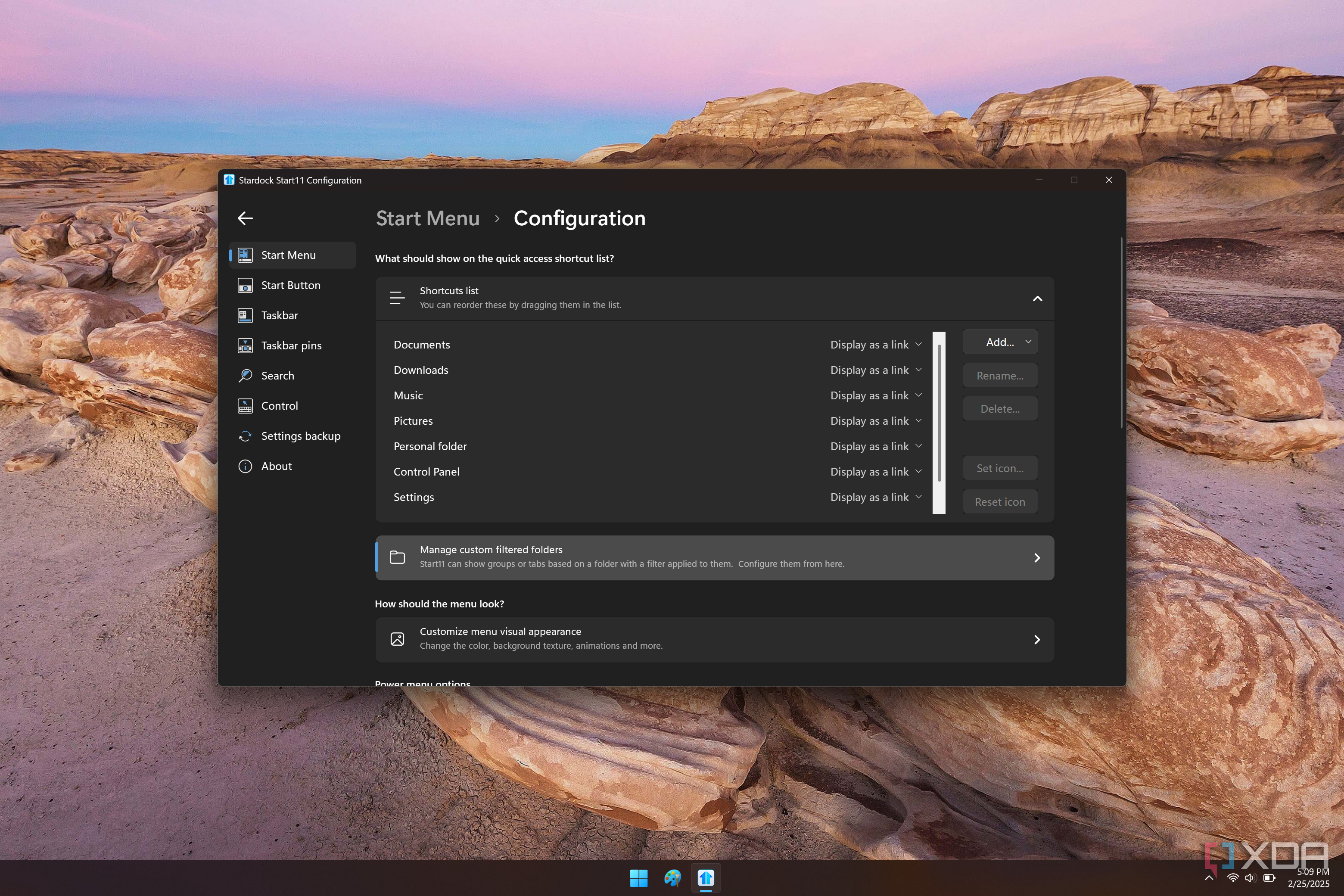 Screenshot of Start11 cusotmization options for the list of shortcuts shown on the right side of the Windows 7 style Start menu