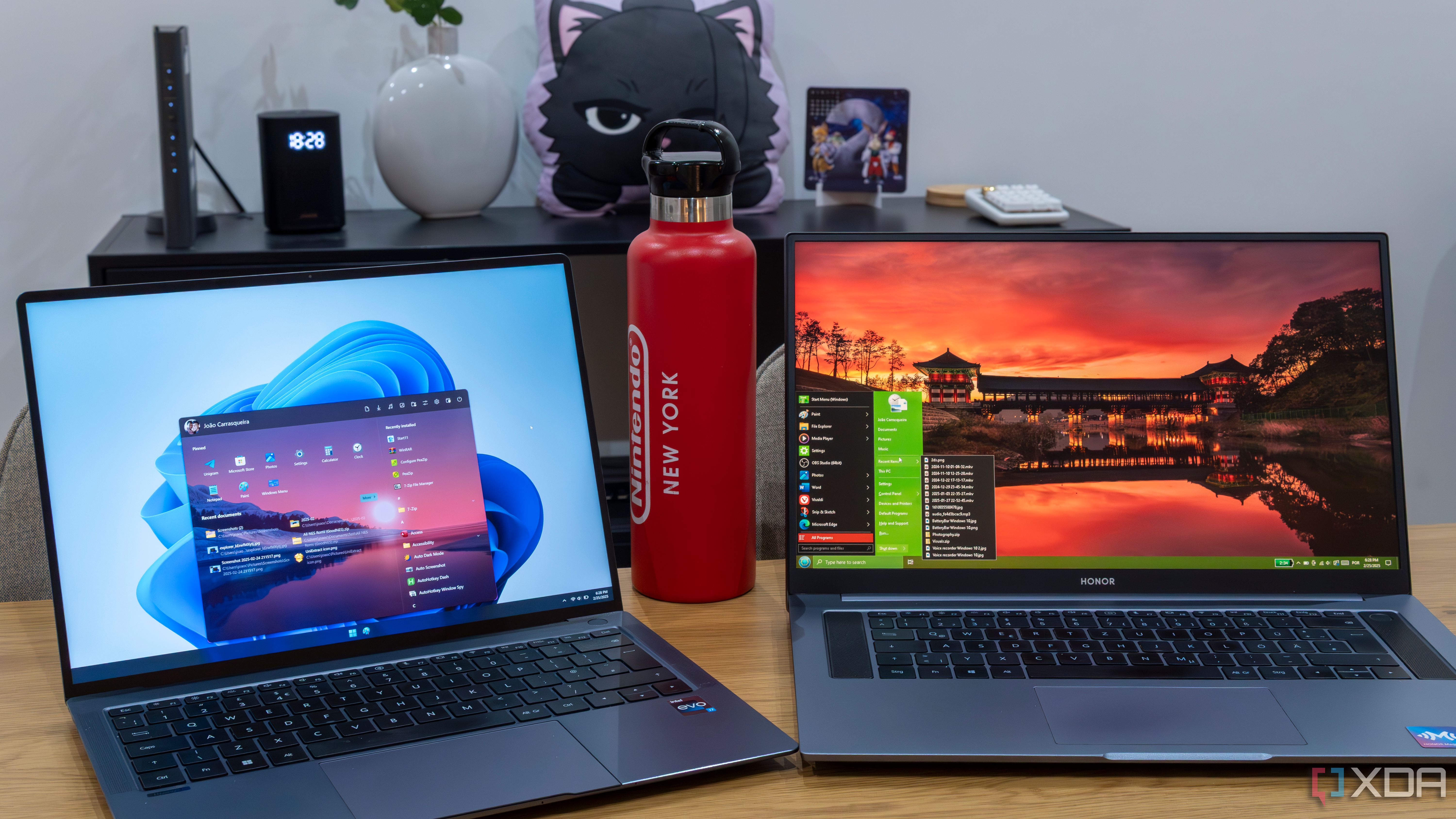 Two laptops, one running Start11 on Windows 11 and the other running OpenShell on windows 10