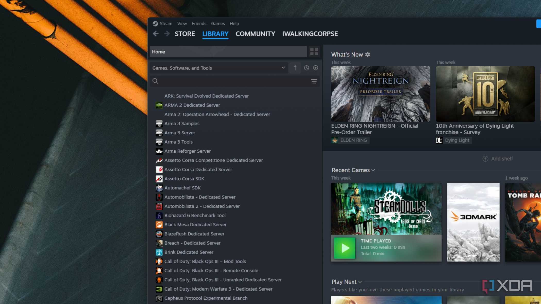 screenshot of steam account showing dedicated server software list