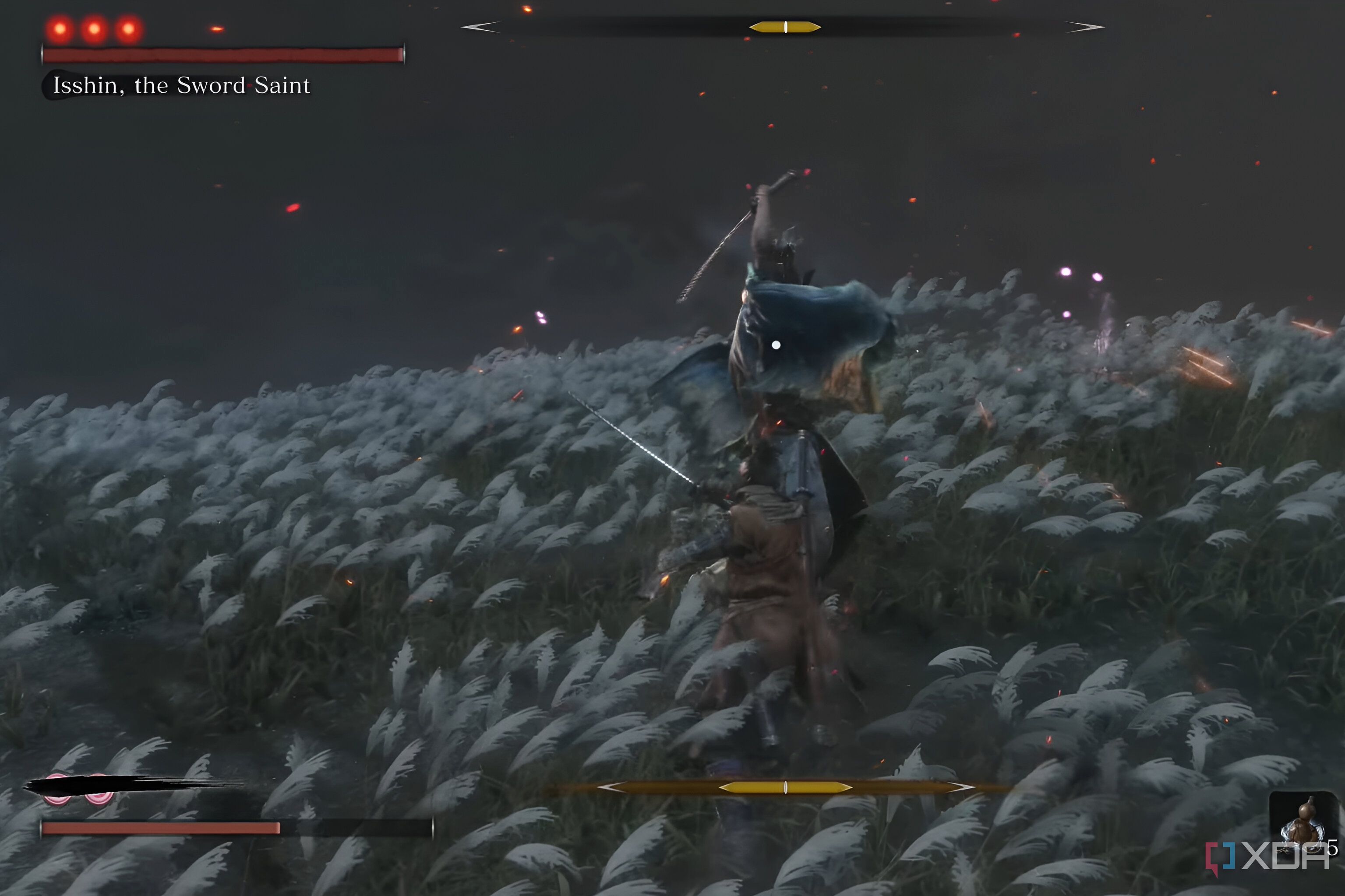 An image from the game Sekiro: Shadows Die Twice, showing Sekiro, the wolf, take on Isshin the Sword Saint in a field.