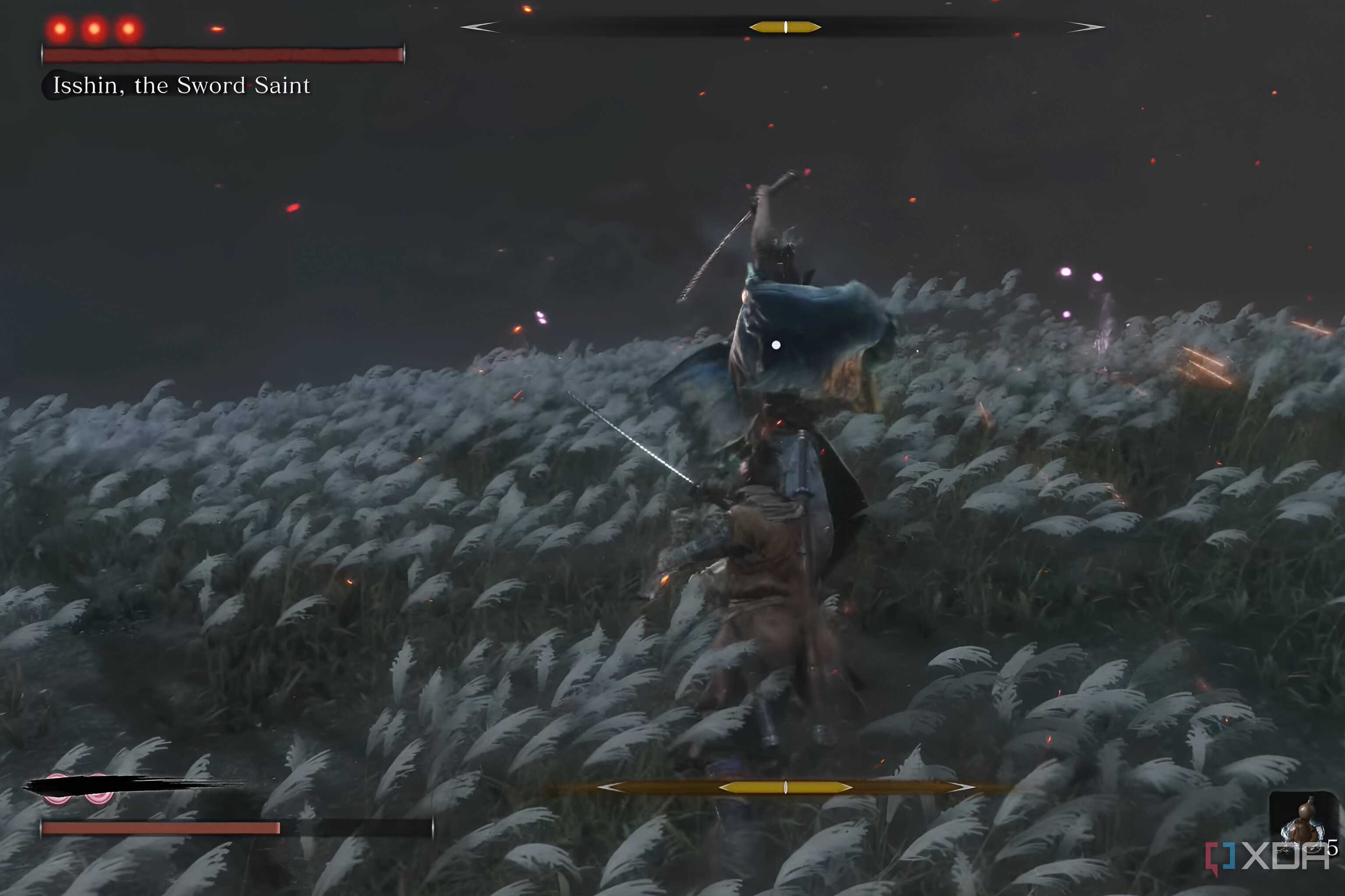 An image from the game Sekiro: Shadows Die Twice, showing Sekiro, the wolf, take on Isshin the Sword Saint in a field.