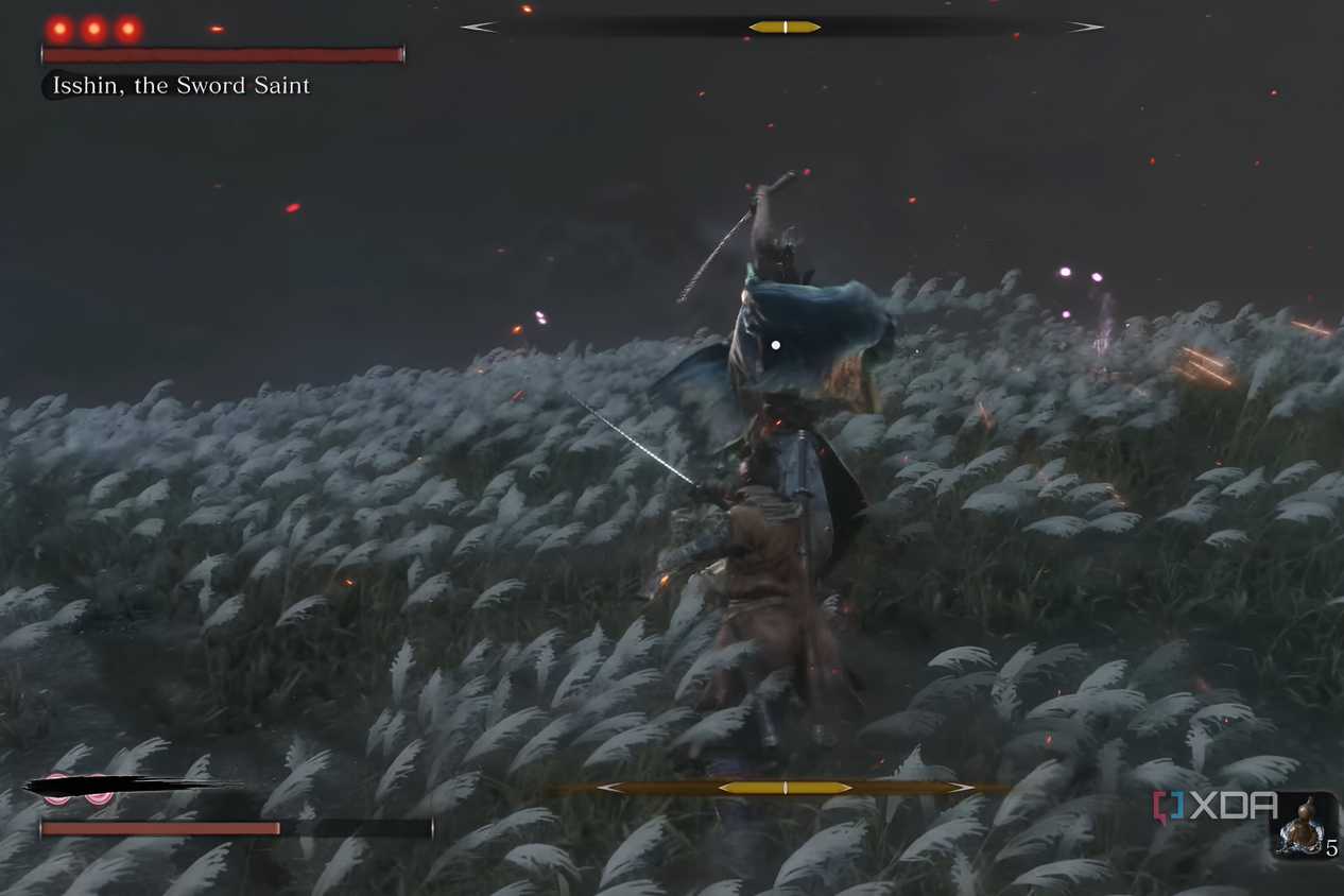 An image from the game Sekiro: Shadows Die Twice, showing Sekiro, the wolf, take on Isshin the Sword Saint in a field.