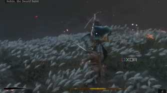 An image from the game Sekiro: Shadows Die Twice, showing Sekiro, the wolf, take on Isshin the Sword Saint in a field.