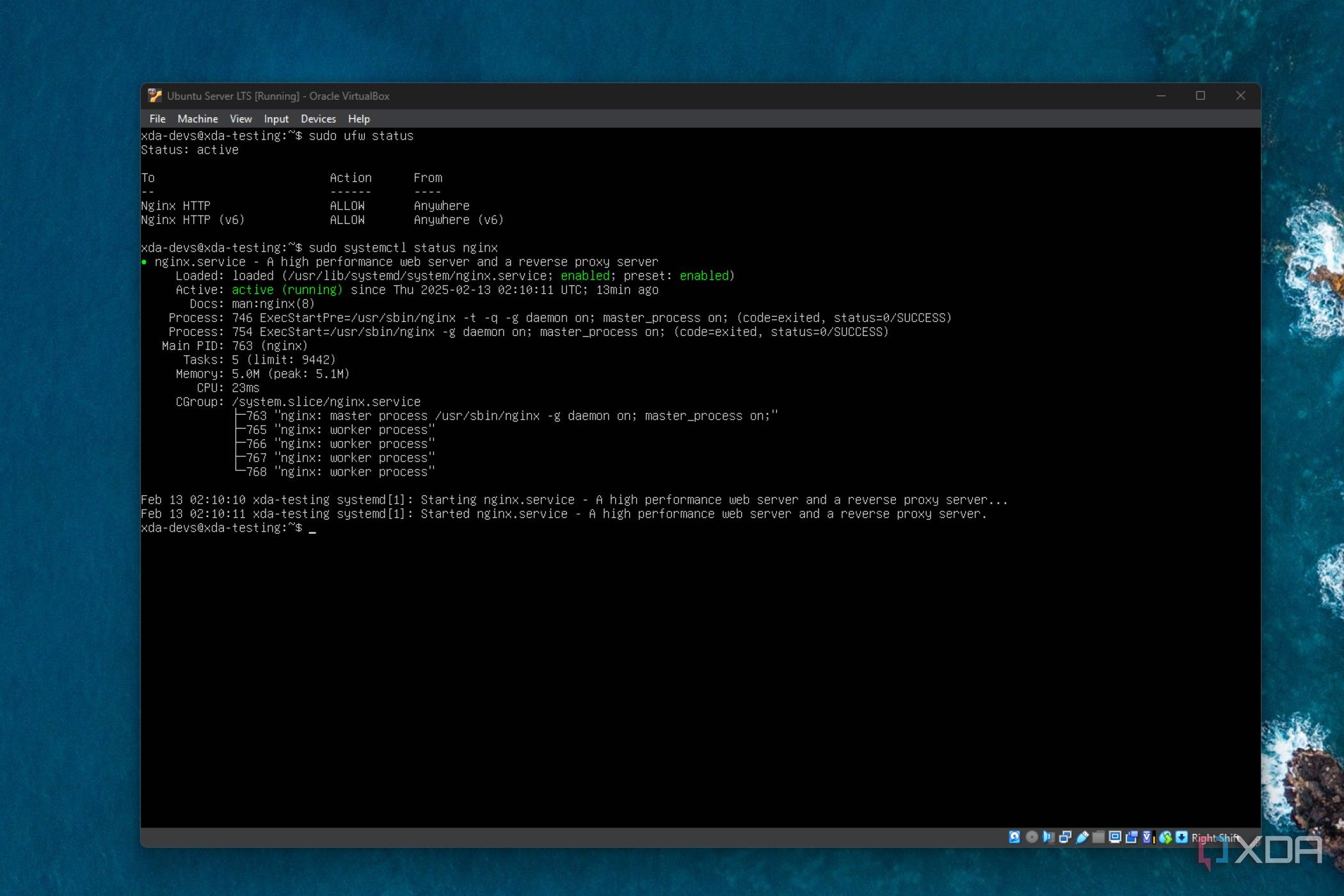 command line in ubuntu server showing nginx status