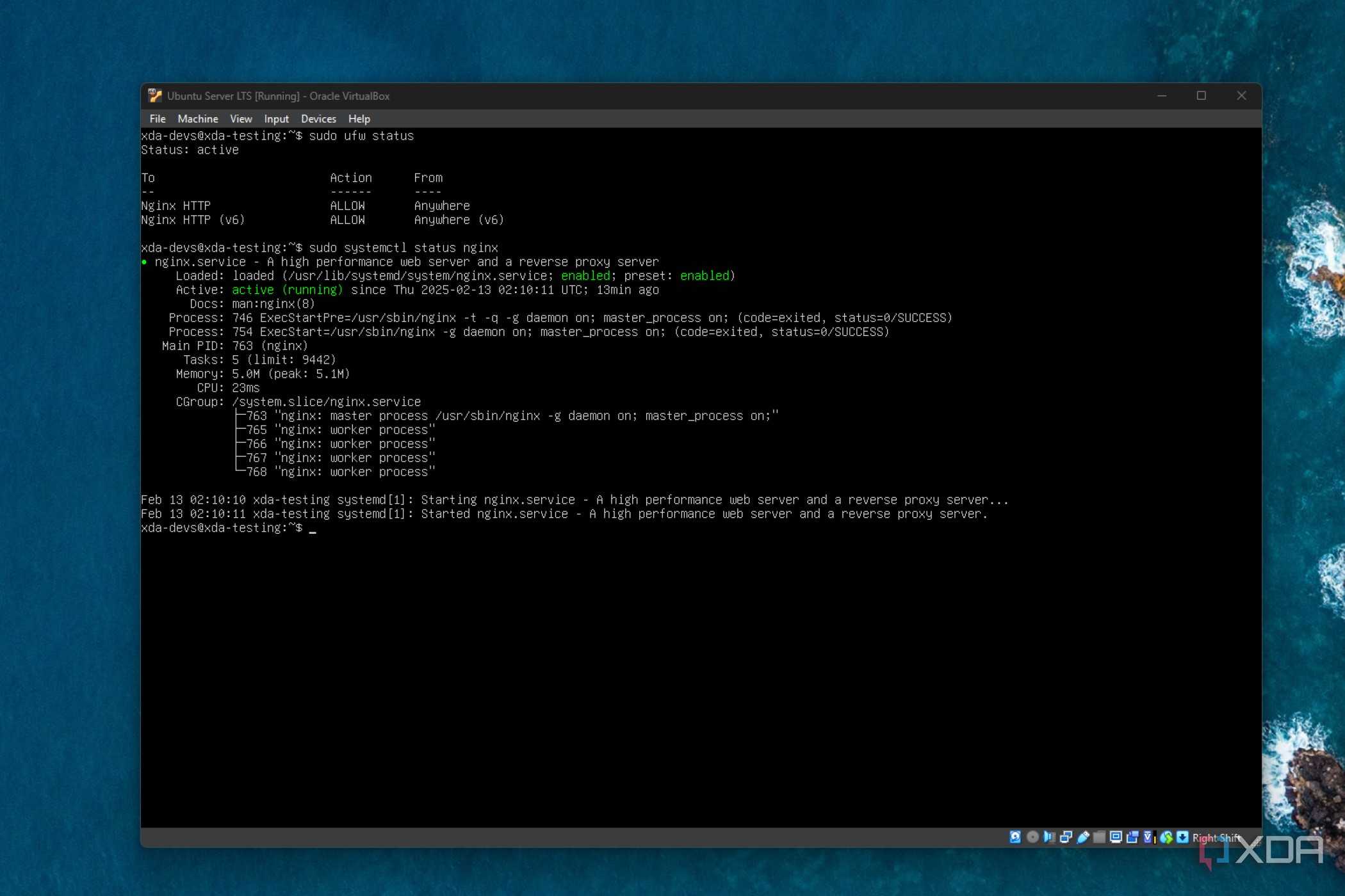 command line in ubuntu server showing nginx status