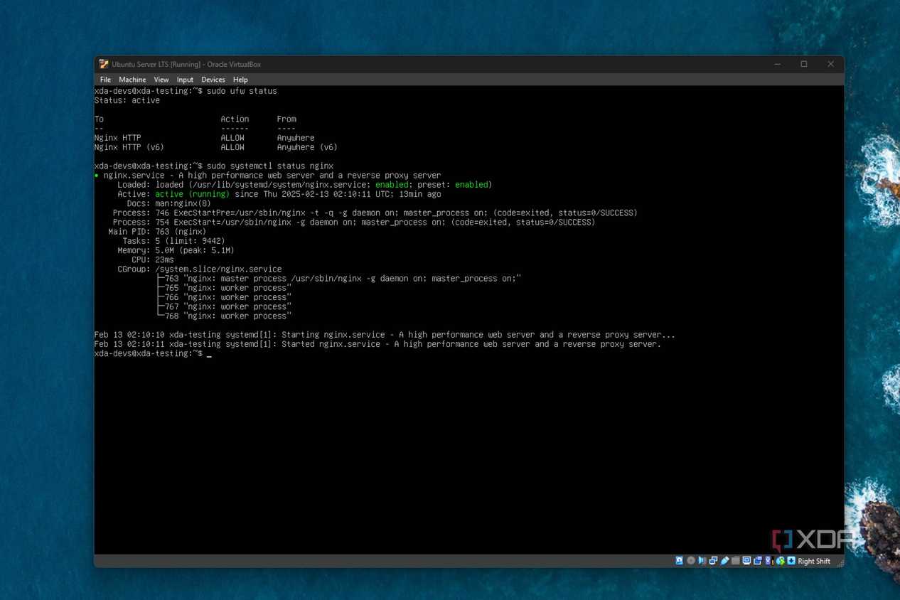 command line in ubuntu server showing nginx status
