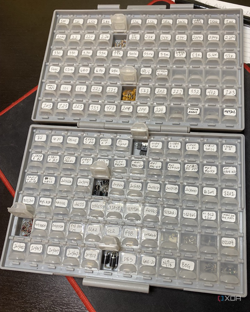 Transistors and SMT components in an AideTek-plastic organizer