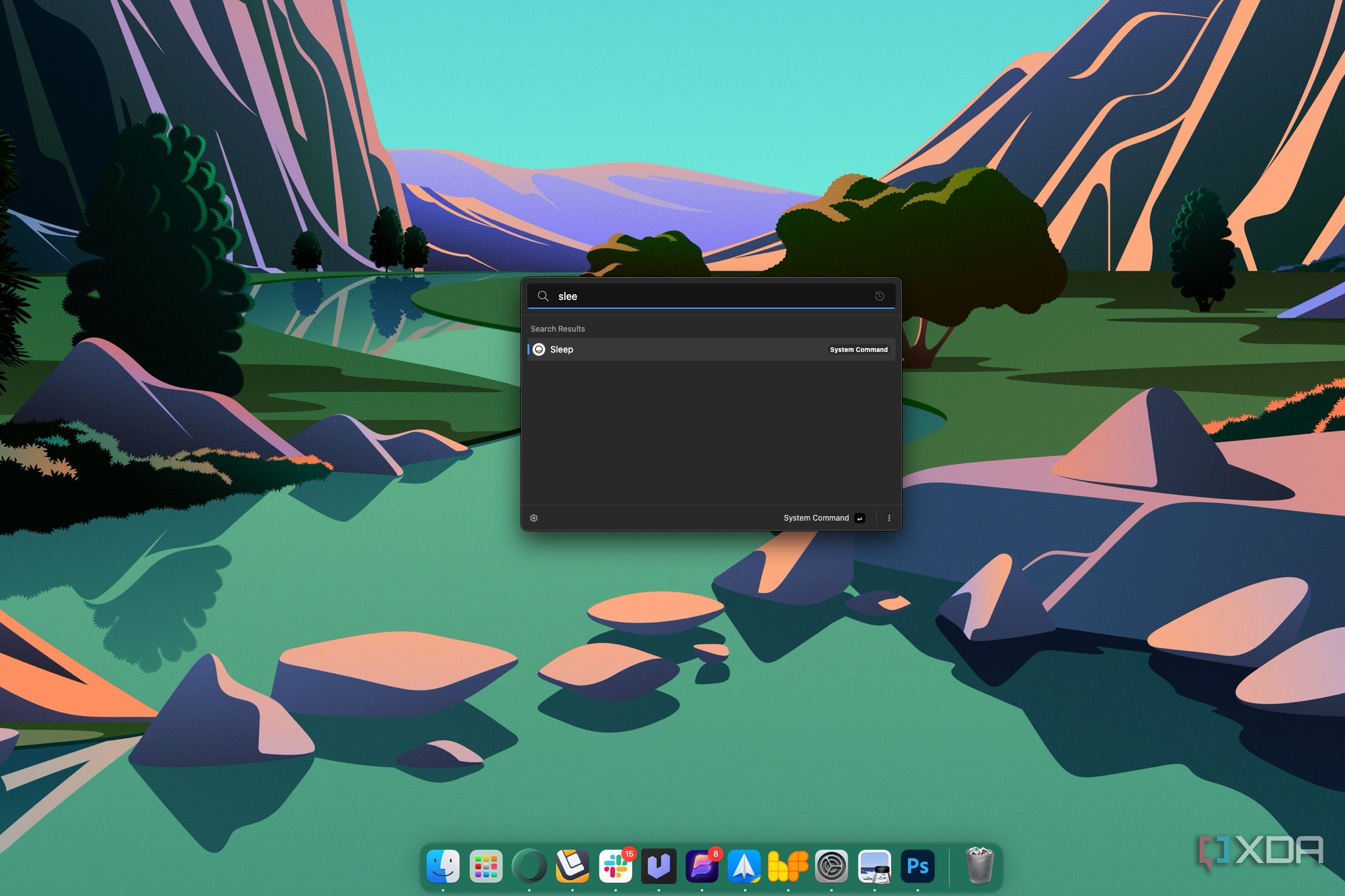 Screenshot of the UEli search UI on macOS showing an option to put the computer to sleep