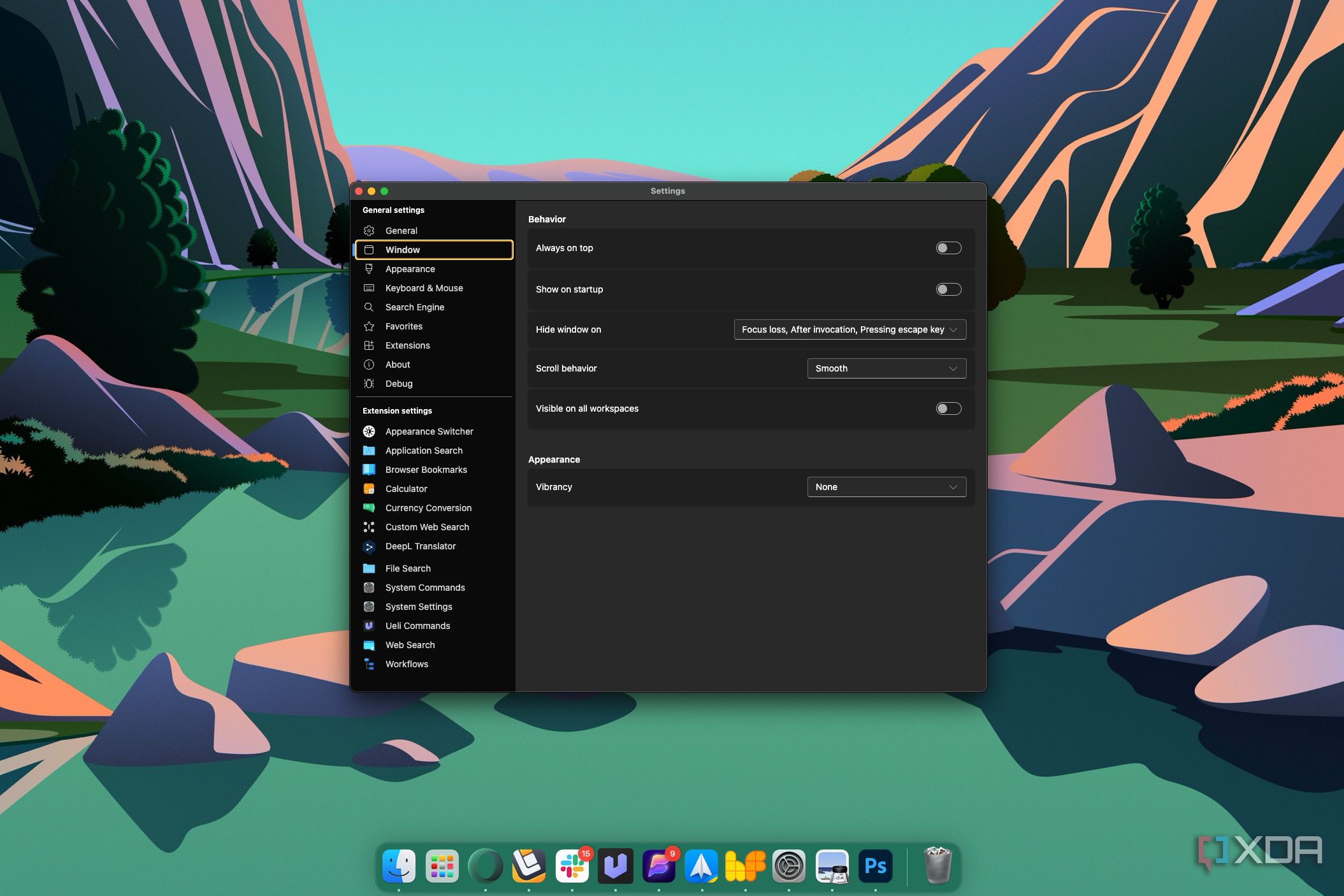 Screenshot of Ueli Window settings on macOS