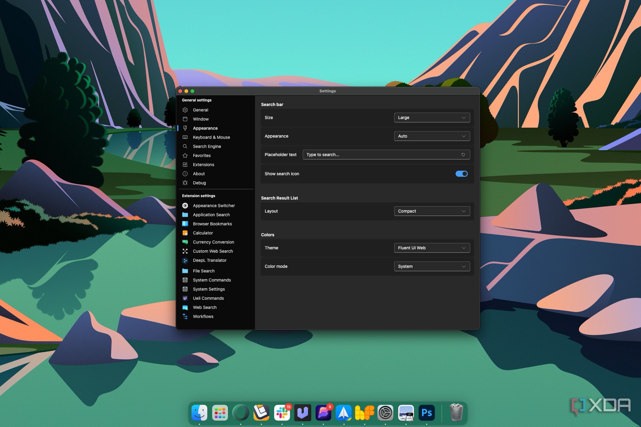 Screenshot of Ueli appearance settings on macOS