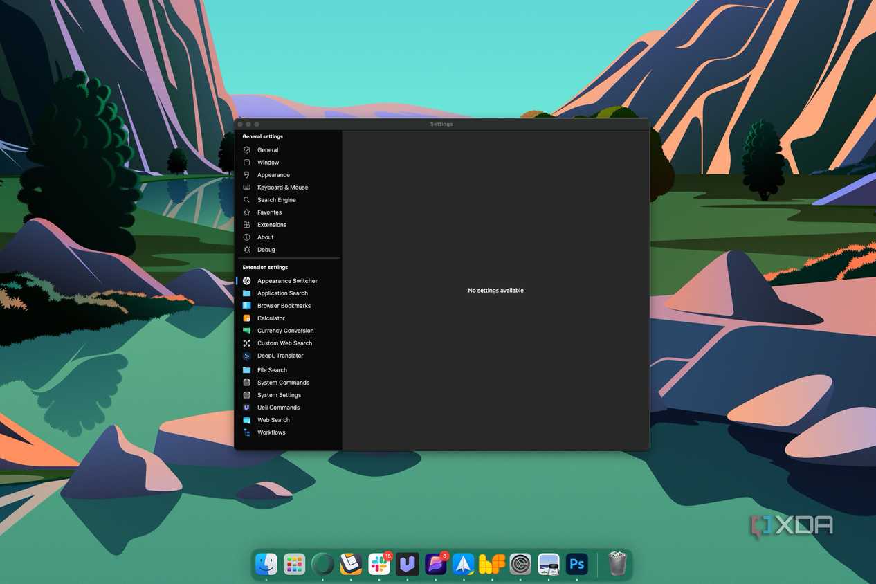 Screenshot of Ueli settings window on macOS showing there are no settings available for the appearance switcher extension