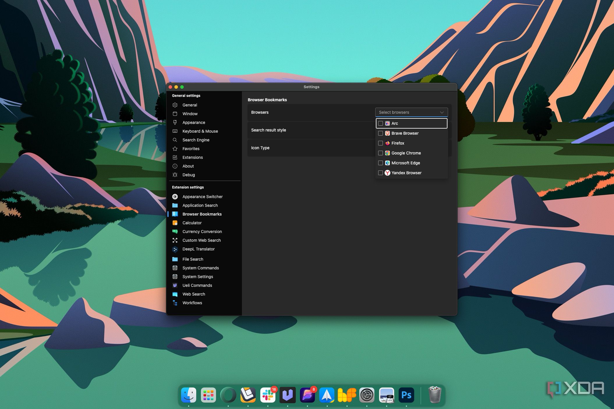 Screenshot of Ueli settings on macOS showing options for the browser bookmarks extension