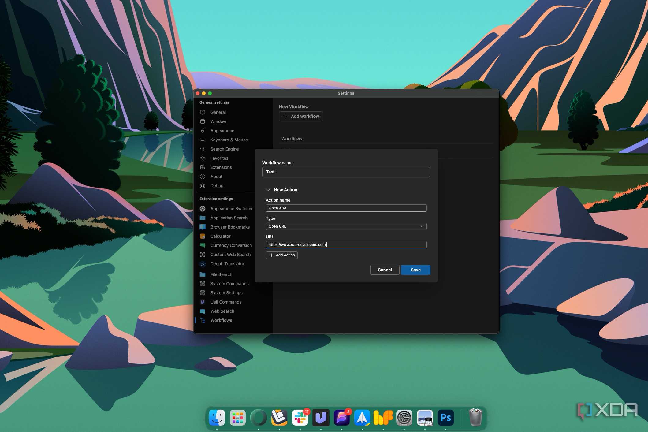 Screenshot of Ueli settings showing a workflow with an action being created to open a URL
