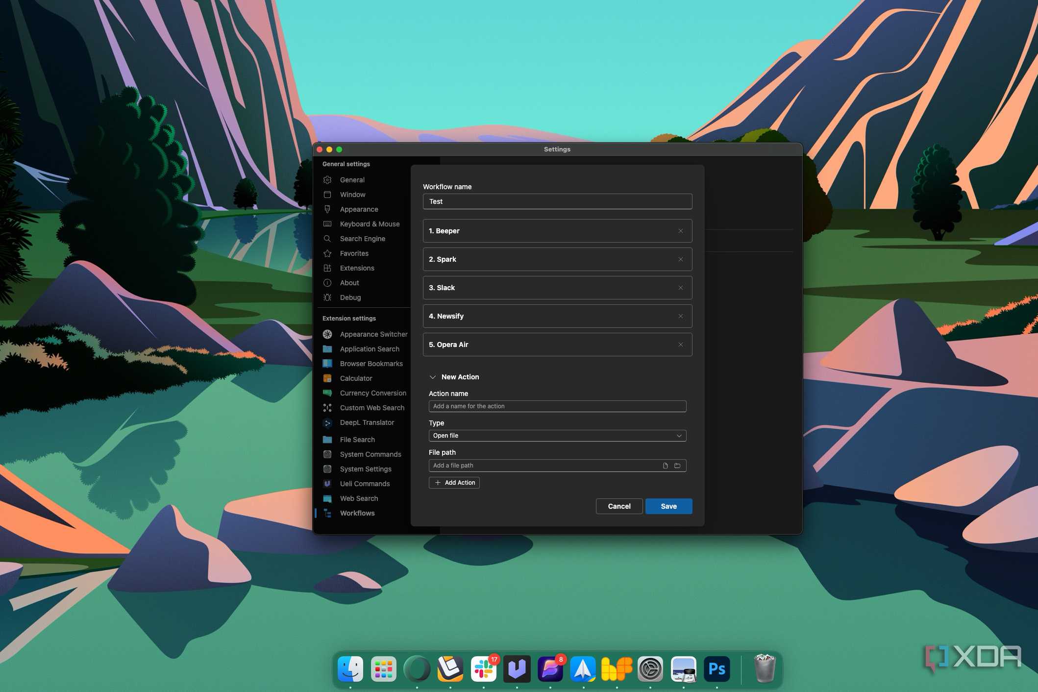 Screenshot of a Ueli workflow with five actions to open multiple apps