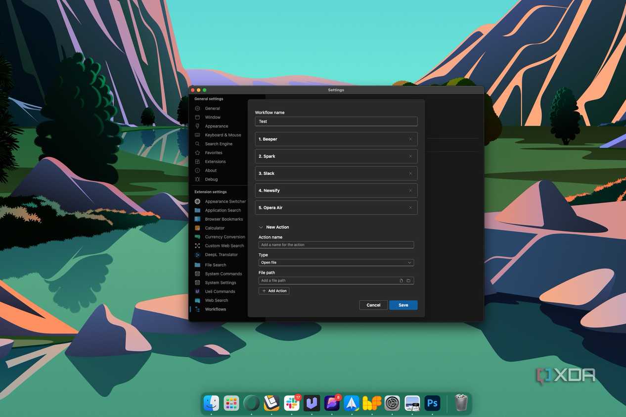 Screenshot of a Ueli workflow with five actions to open multiple apps