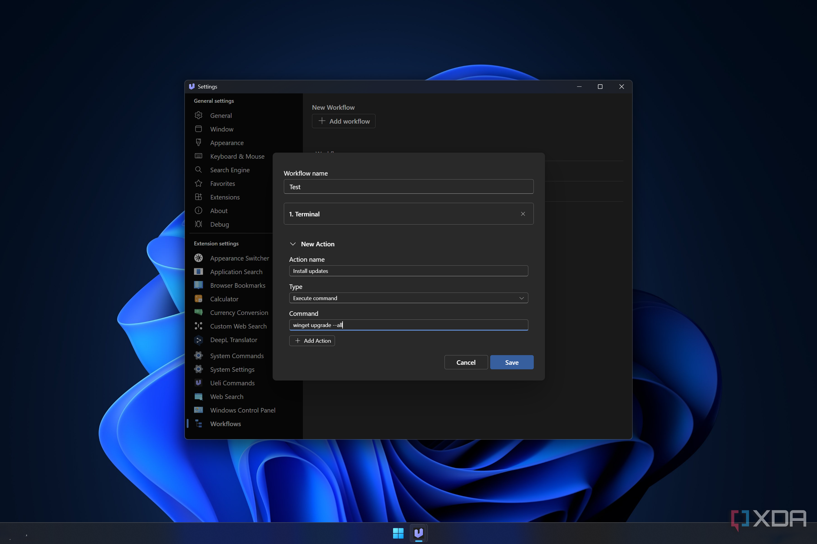 Screenshot of Ueli settings on Windows showing a workflow that opens a terminal window and runs a command