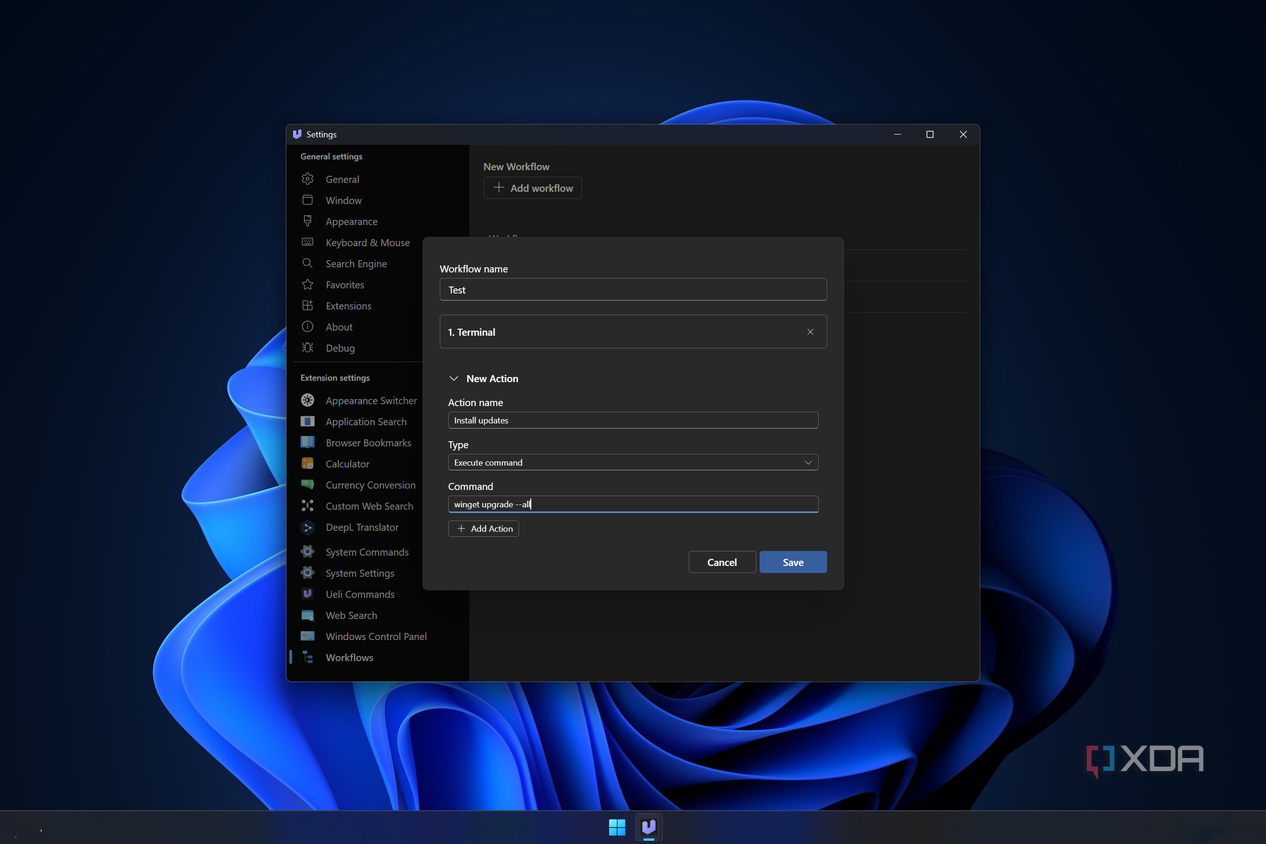Screenshot of Ueli settings on Windows showing a workflow that opens a terminal window and runs a command